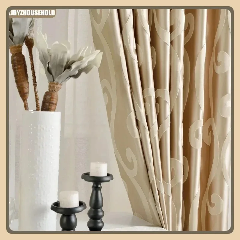 

Custom Size！！Modern High-precision Jacquard Curtains for Living Dining Bedroom Decoration Blackout Fabric Luxury milktea Tulle