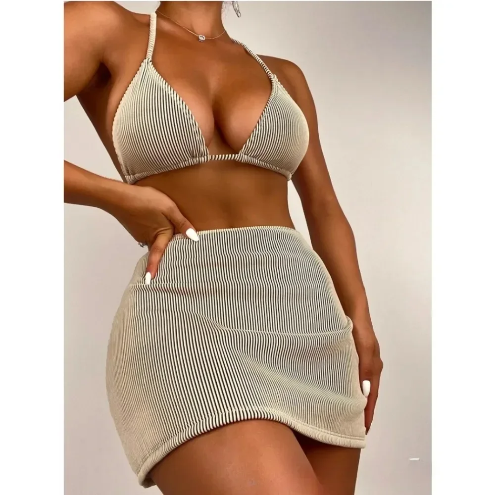 With Skirt Ribbed Halter Bikini Female Swimsuit Women Swimwear Three-pieces Bikini Set Bather Bathing Suit Swim