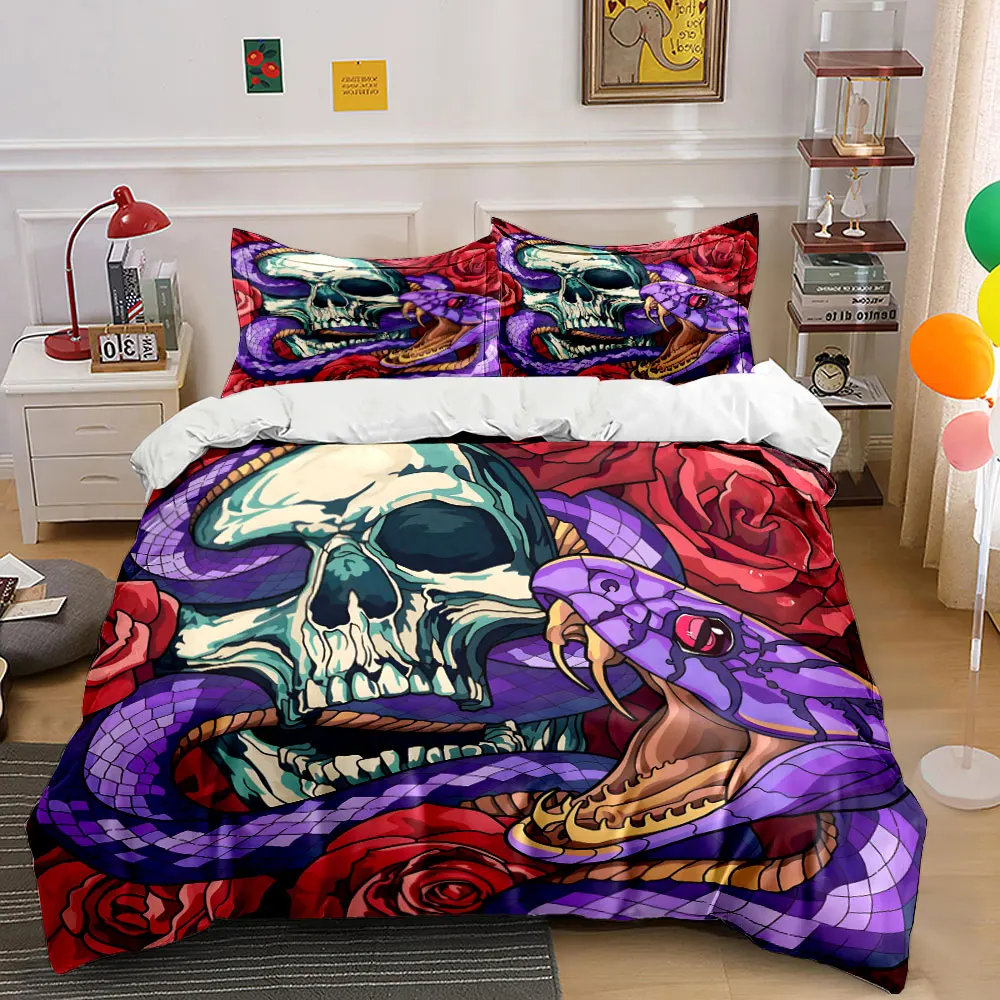 Skull Snake Roses Dark Art Bedding Set for Kids Luxury Gift 3pcs Digital Print Comforter Set Soft Comfortable Breathable