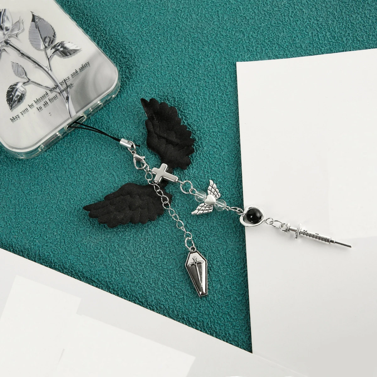 New Y2k Style Black Wing Cross Beads Keychain Mobile Phone Charms Fashion Keychains Lanyard Cellphone Decoration Accessory