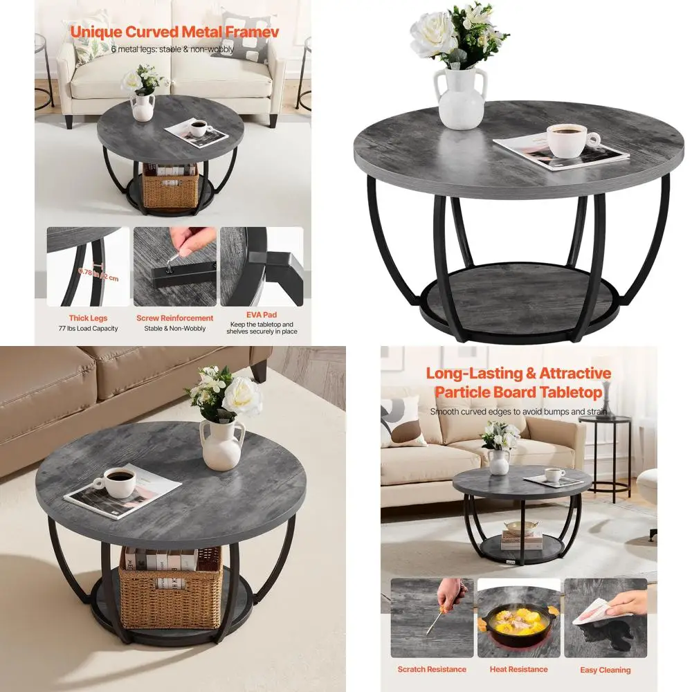 

Coffee Table, Modern Round Coffee Table, 2 Tiers Wooden Circle Center Desk with Open Storage, Minimalist Sturdy Metal Frame Acce