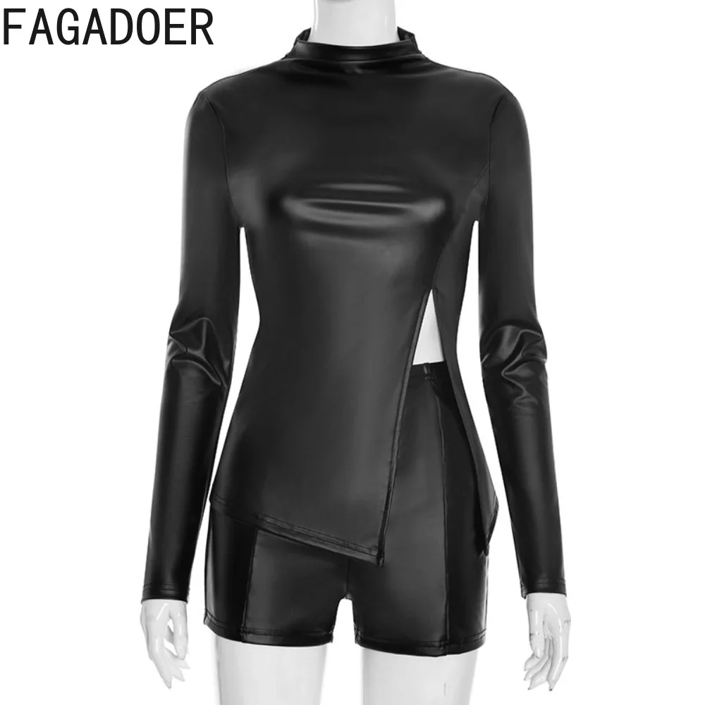 FAGADOER Set Pakaian Wanita 2 Potong Motif Leopard Seksi Warna Solid Atasan Crop Top Lengan Panjang dengan Ritsleting dan Celana Pendek Streetwear Wanita