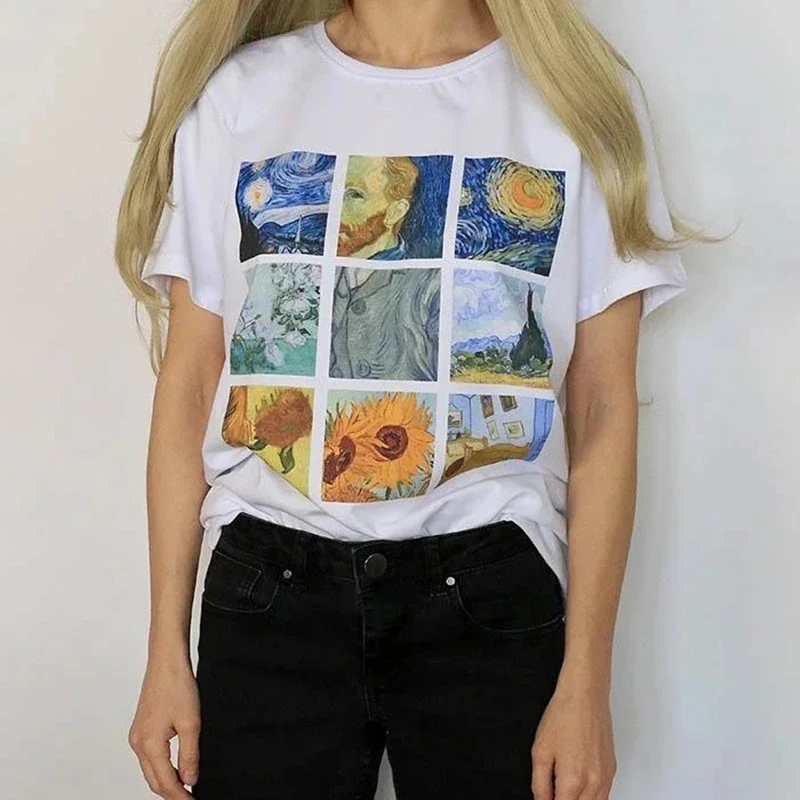 Camiseta blanca estética Vintage con pintura de Van Gogh, Top Hipster Grunge de los años 90, arte lindo