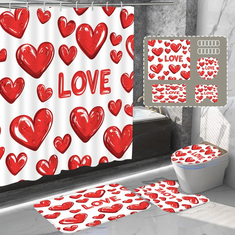 A of 1pc/4pcs Valentine'S Day Curtain Set Filled with Love Hearts, Featuring a Waterproof And Machine Washable Shower