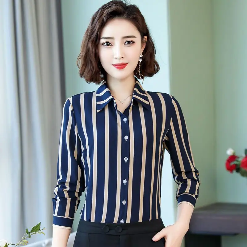 Fashion Striped Printing Shirt Tops Spring Summer New Long Sleeve Polo Neck All-match Slim Blouse Vintage Elegant Women Clothing