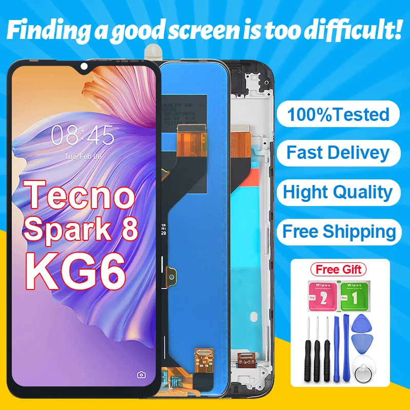 

Spark 8 кг6 ЖК-дисплей протестирован для Tecno ЖК-дисплей с сенсорным преобразователем в сборе, сменный экран телефона Tecno Spark 8
