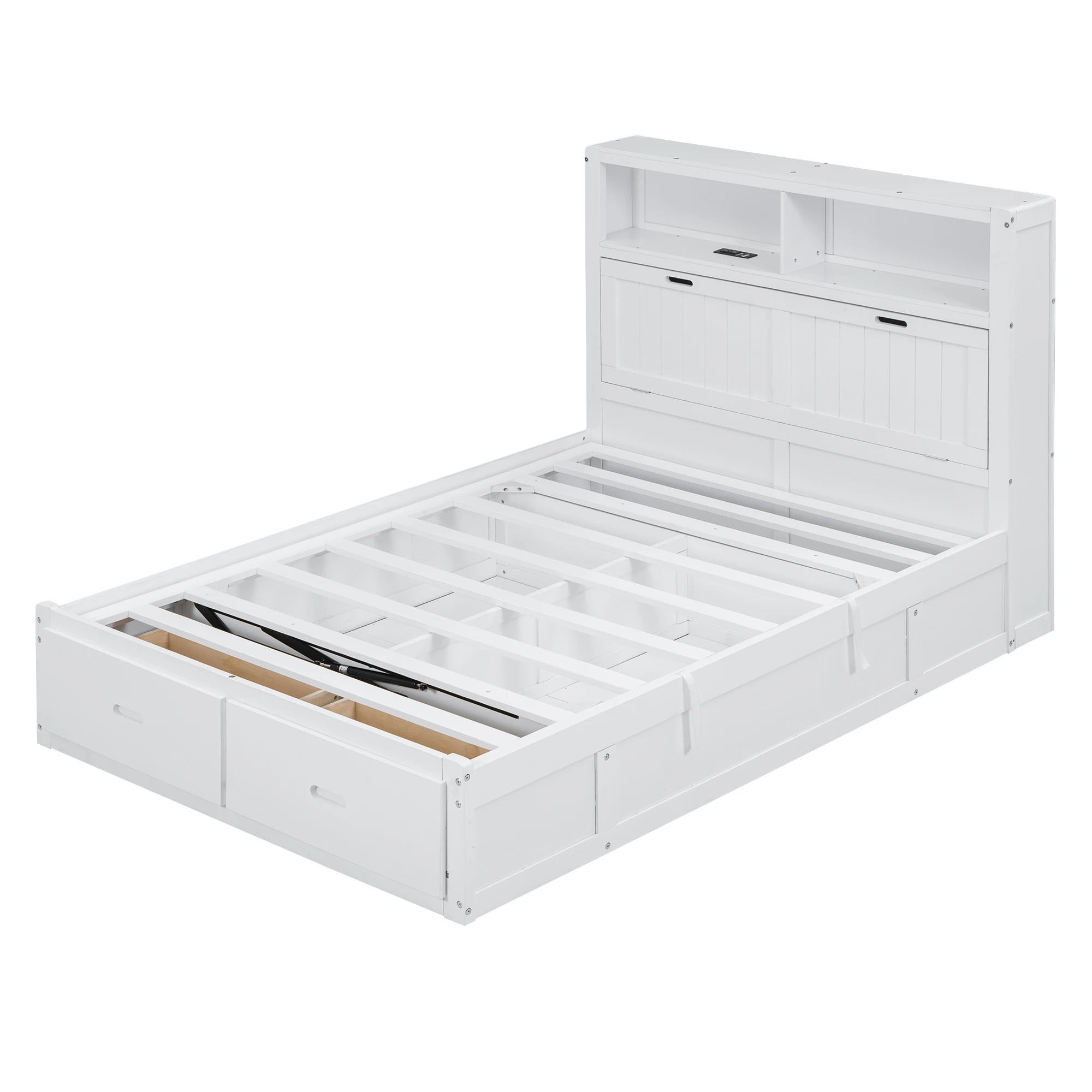 سرير بمنصة هيدروليكية بيضاء كاملة الحجم مع محطة شحن اللوح الأمامي LED ودرجين لتخزين الخشب الصلب على طراز الخشب الصلب