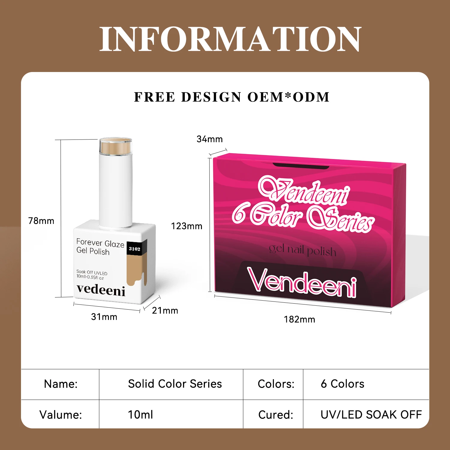 Vendeeni Free Sample 6color Nail Gel Polish 10ml Nail Supplier Wholesale Gel Polish TPO Hema Free OEM Custom Solid Uv Gel Polish