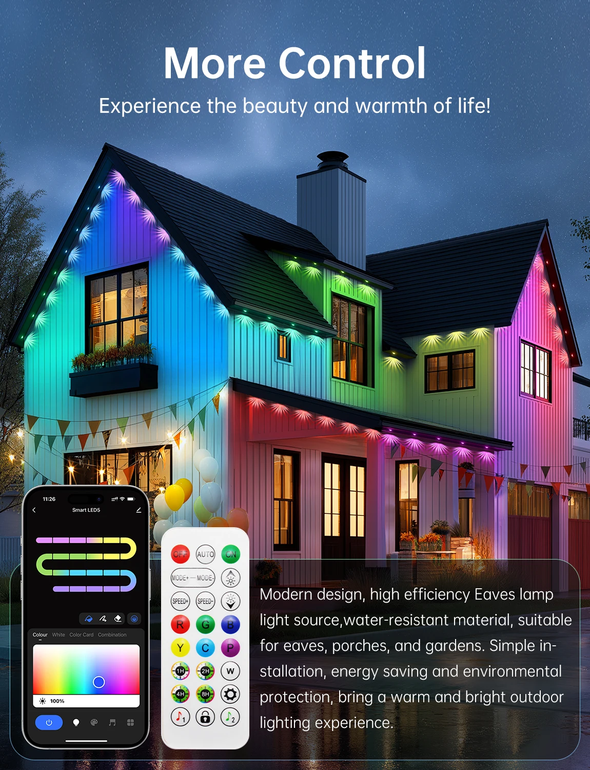 Smart Permanent Outdoor Lights Eaves Lights IP67 Waterproof Light String with App Remote Control Music Sync for House Roof Decor