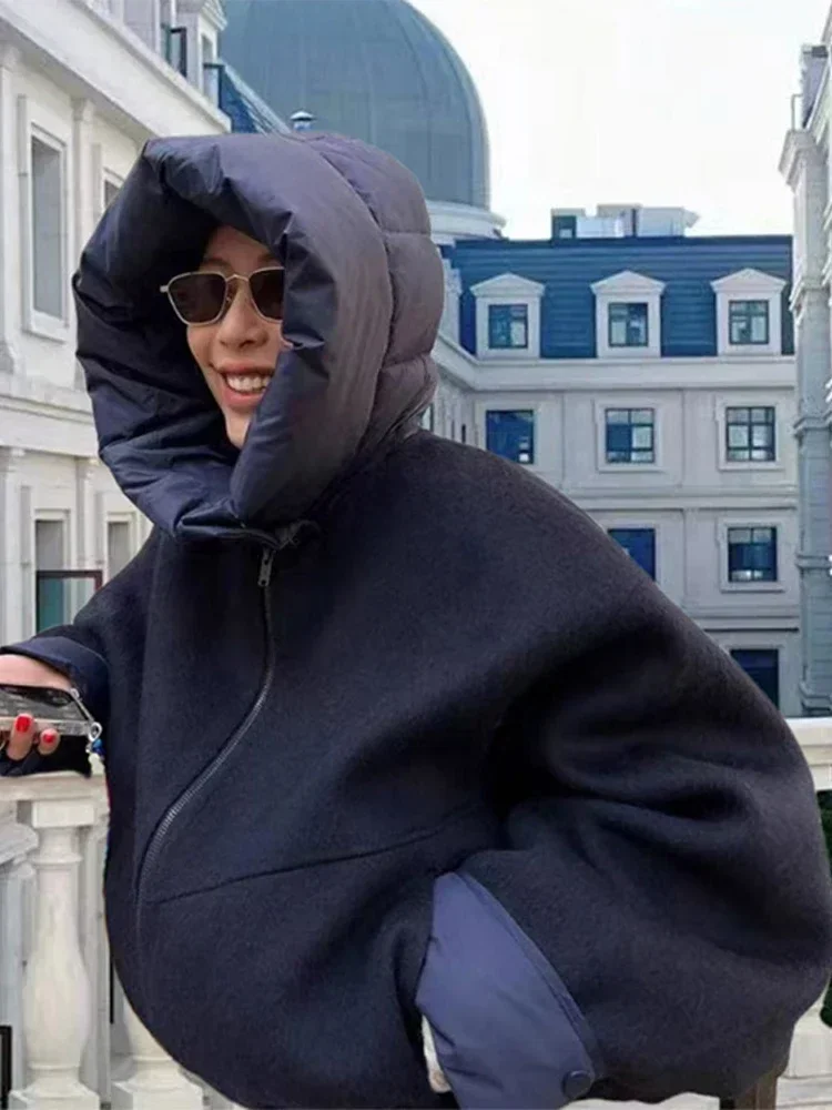 

Women Hooded Zipper Jacket Casual Drawstring Long Sleeve Loose Outerwear Autumn Winter Tops Panel Design Short Coat