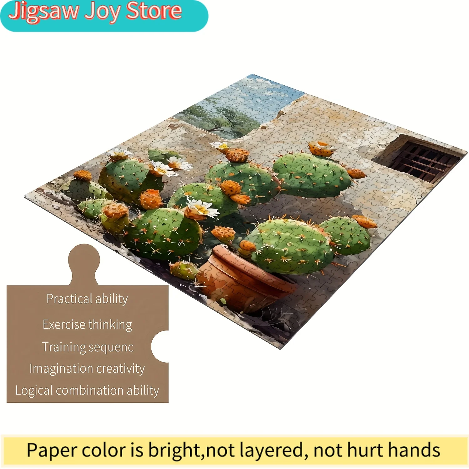

Jigsaw Puzzle for & Families - Cactus-Themed Wooden Puzzle with Unique Pieces, Scratch-Resistant, Ideal for Family Game Night