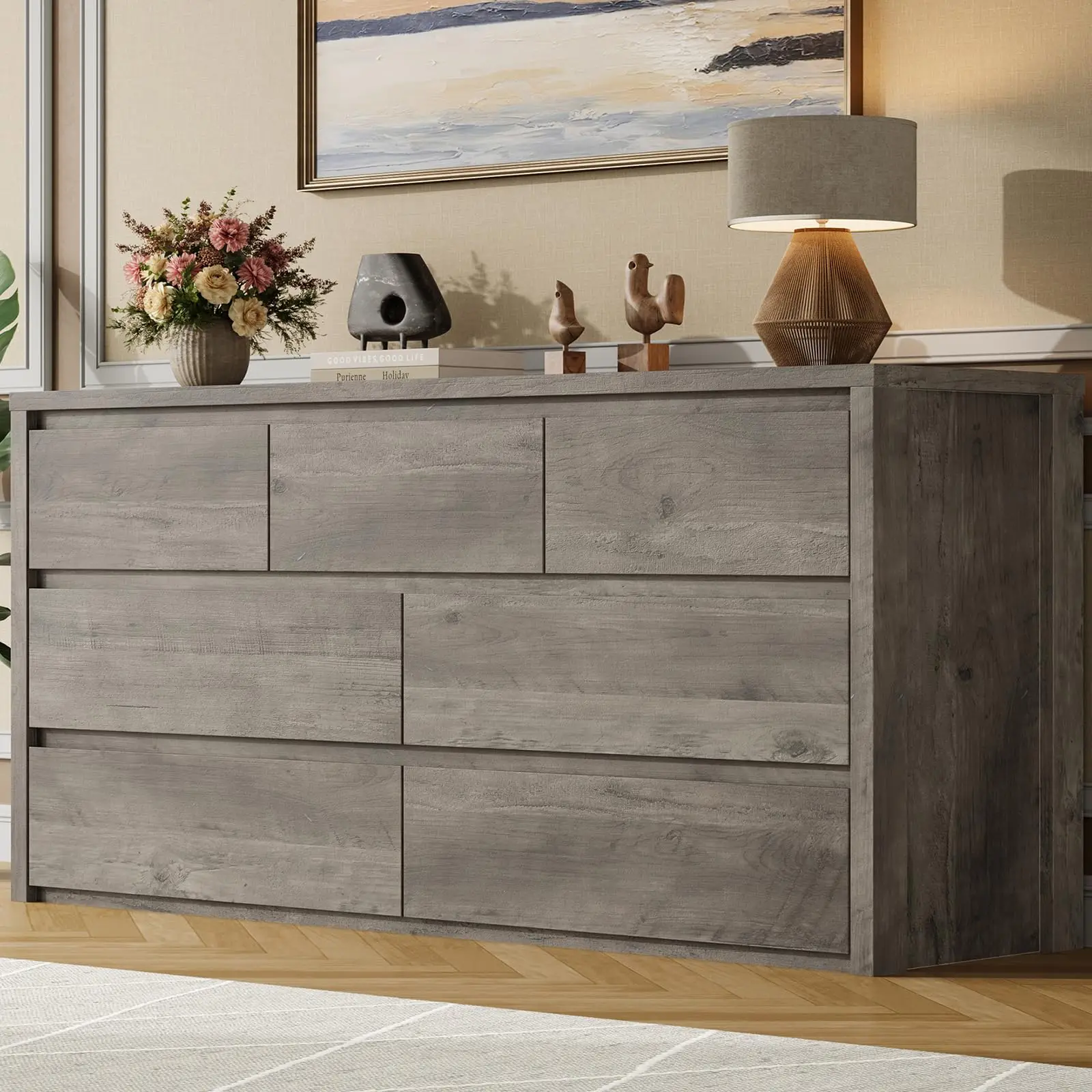 Modern 7 Drawer Dresser for Bedroom – Wide Wooden Chest of Drawers – Large Storage Organizer for Living Room, Hallway, Entryway