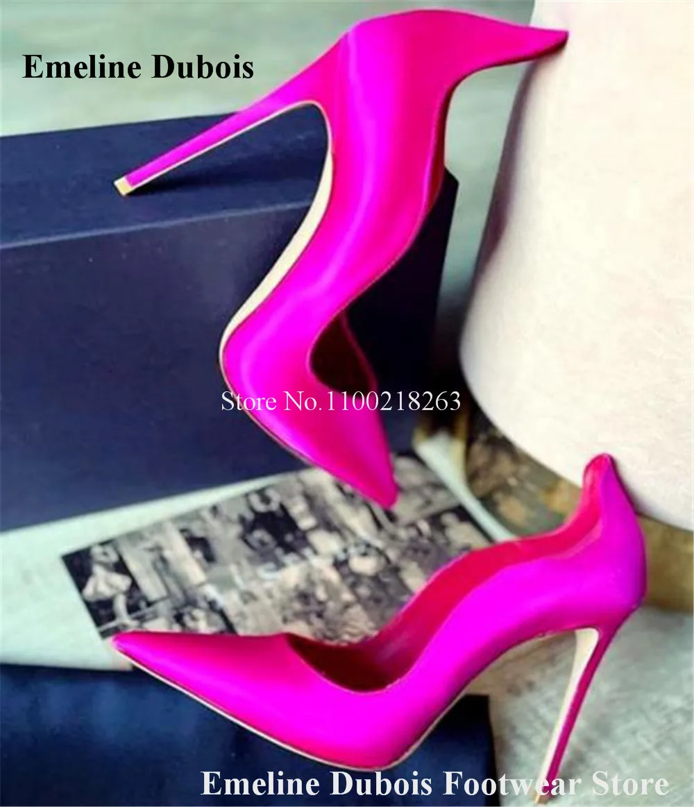 Fuchsia Pink Satin Pumps Emeline Dubois Newest Pointed Toe 8cm 10cm 12cm Cut Slip-on Stiletto Heel Dress Shoes Wedding Heels