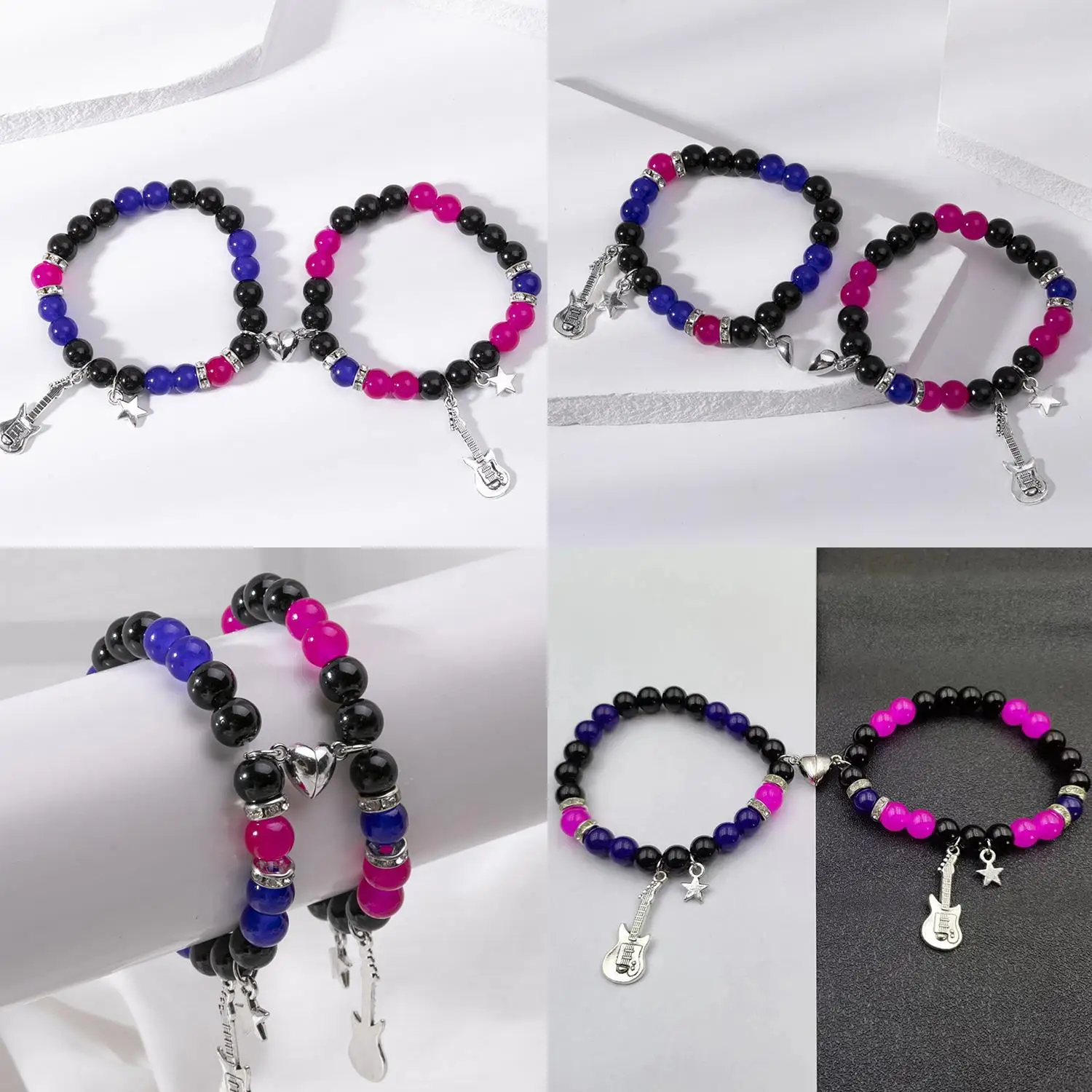 2 قطعة من الخرز الأزرق والأحمر قلادة الغيتار على شكل قلب أساور زوجين المغناطيس ، هدايا مجوهرات عصرية Bff #6