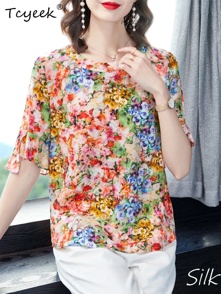 

Tcyeek 100%Real Silk T-shirt,Women's Round Neck Ruffled Sleeves Floral Print,Elegant Fashion Top,2024 Spring New T42226QD