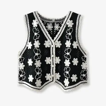 Virkad linne för kvinnor söt blommig öppen stickad kofta med knappar ärmlös jacka för kvinnor sommar bohemisk semesteroutfit 10 best sales Floral vest - №4