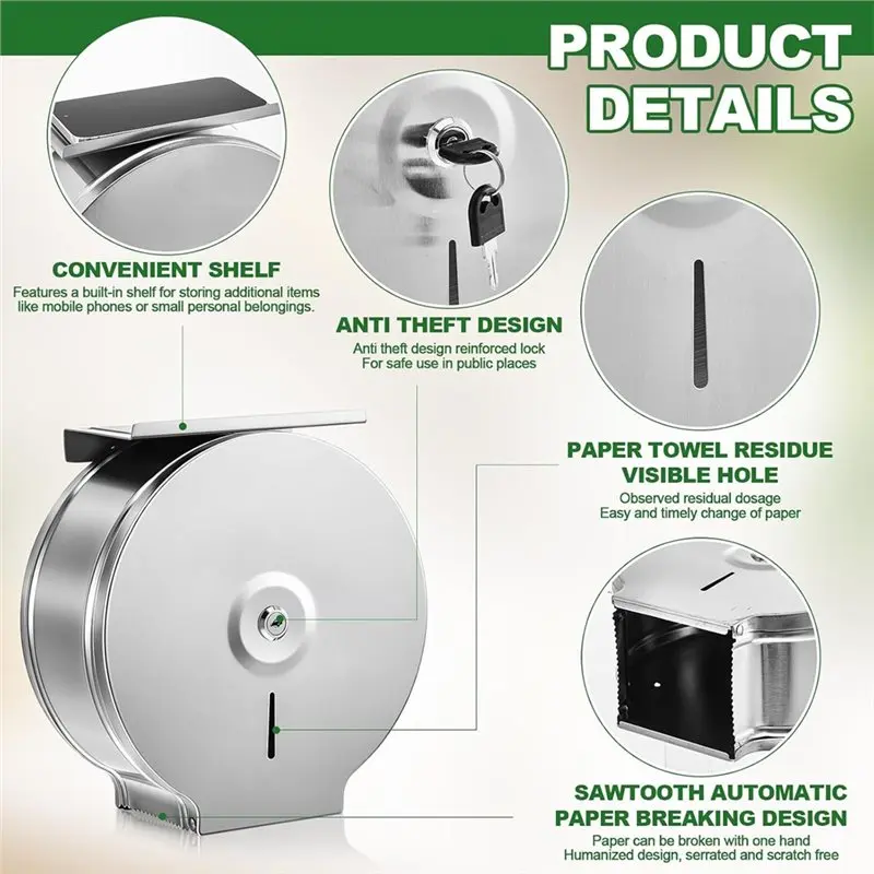 [NEWA64Z!】 Wall Mount Holder Stainless Steel 9 Inch Commercial Jumbo Toilet Paper Dispenser With Shelf, Lockable Design
