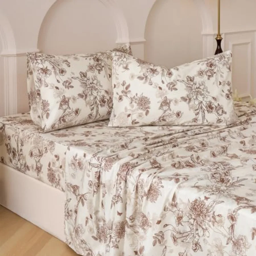 Floral Bed Sheets Set 100% Cotton Percale Sheets Size Vintage Toile Flower Printed Sheets Soft and Breathable Khaki Luxury Bedd