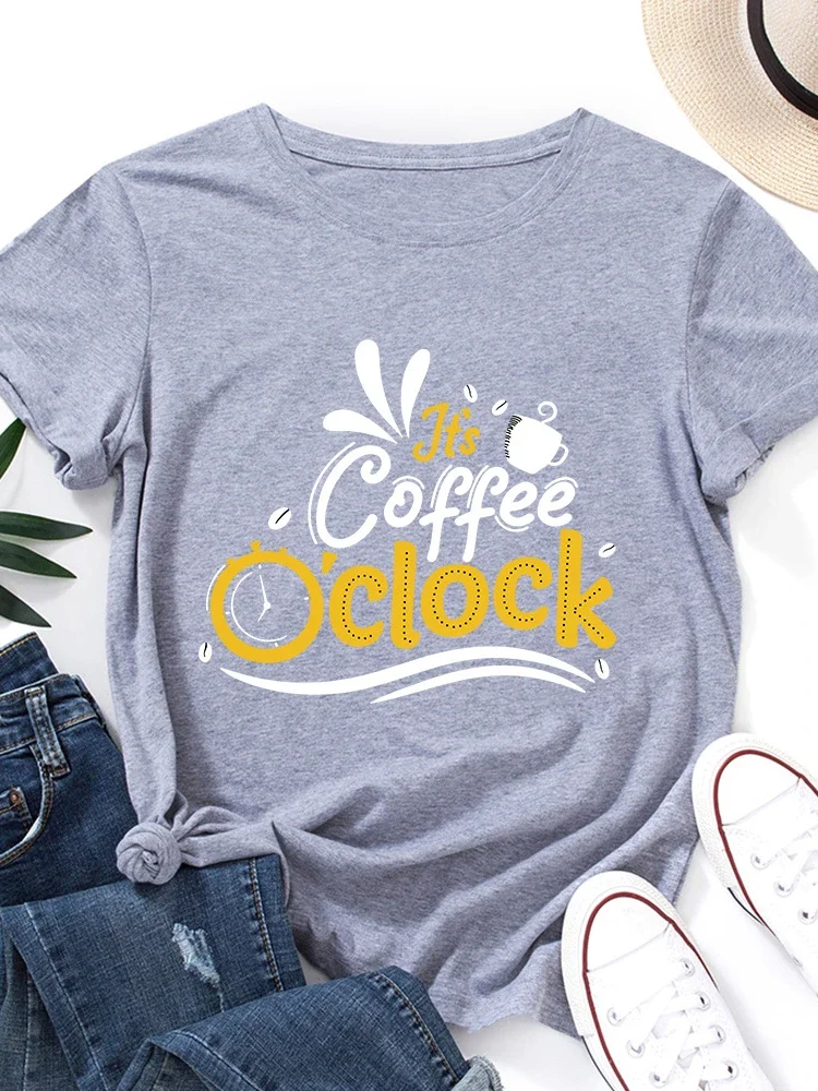 Mulheres É Relógio de Café Imprimir Manga Curta O Pescoço Solto T-Shirt, Senhoras Camiseta, Tops Roupas