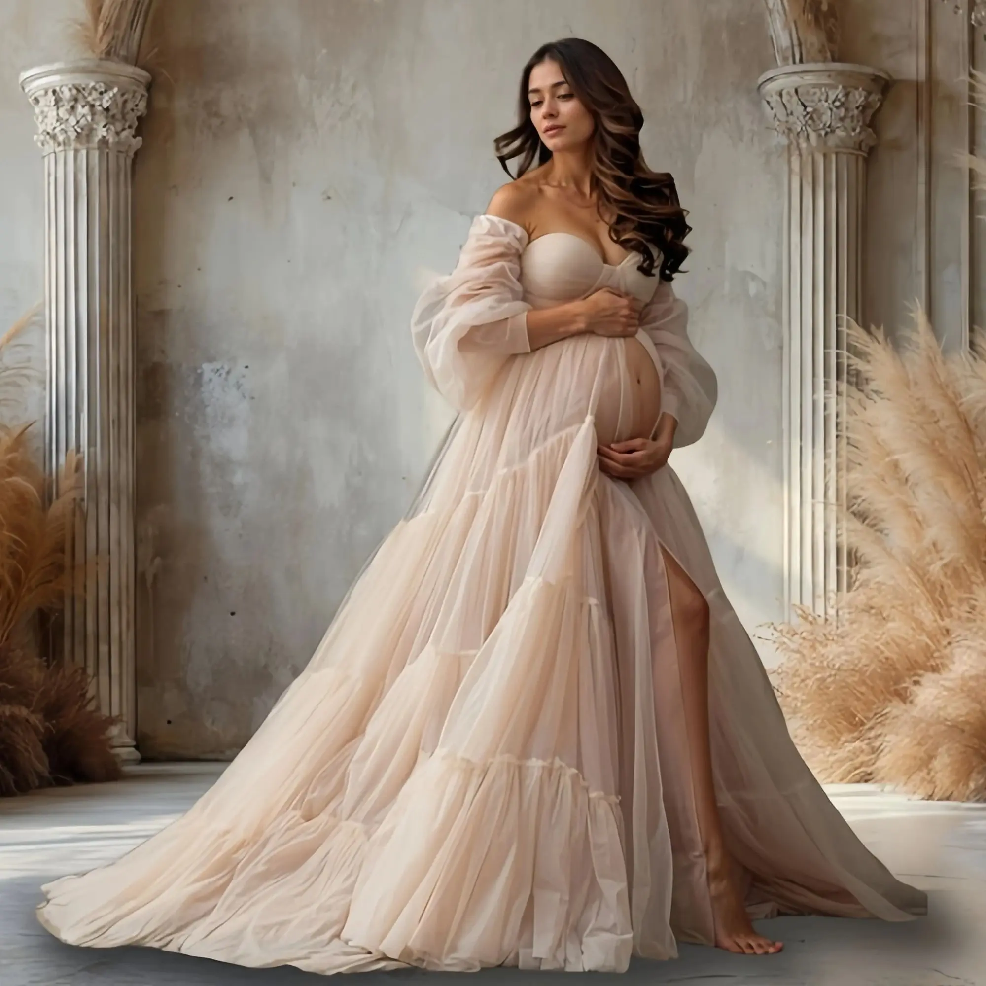 ชุดคลุมท้องสีแชมเปญวินเทจสำหรับภาพชุดเดรสออกงานสำหรับคนท้องชุดราตรีสำหรับถ่ายภาพผ่าหน้าชุดราตรีผู้หญิงสั่งทำ