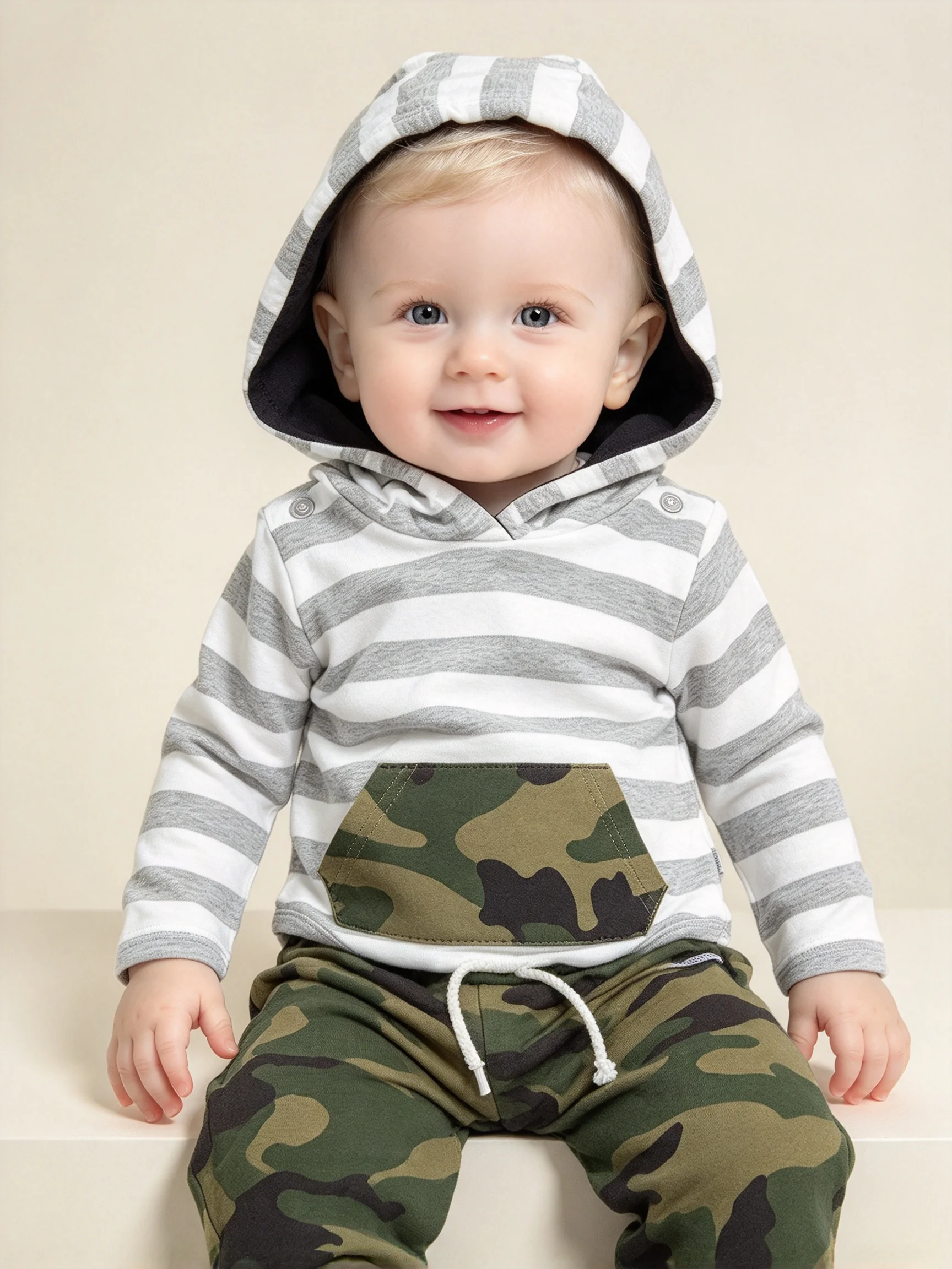 Summer 2Pcs Baby Girls Striped Hooded Clothes Set Long Sleeve Romper Tops Camo Pants Set