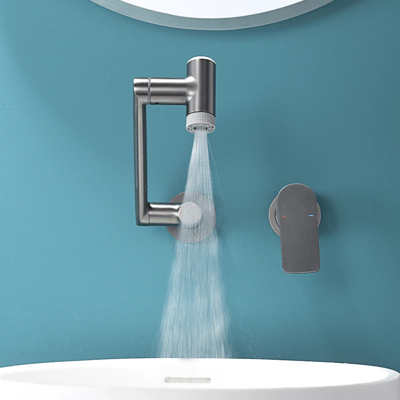 Wall Mounted Basin Sink Faucets Double Hole Bathroom Folding Sink Faucet Modern Single Handle Hot and Cold Mixer Taps Gray