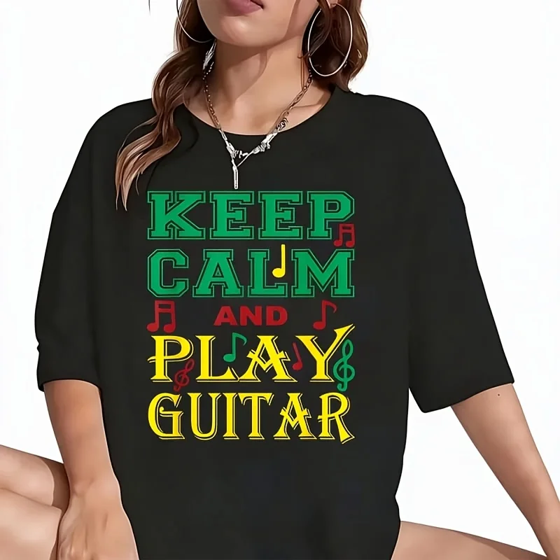 Keep Calm And Play Guitar Women's T-Shirt Funny Graphic Short Sleeve Tee Novelty Shirt Casual Crew Neck Top 100% Cotton S-5XL