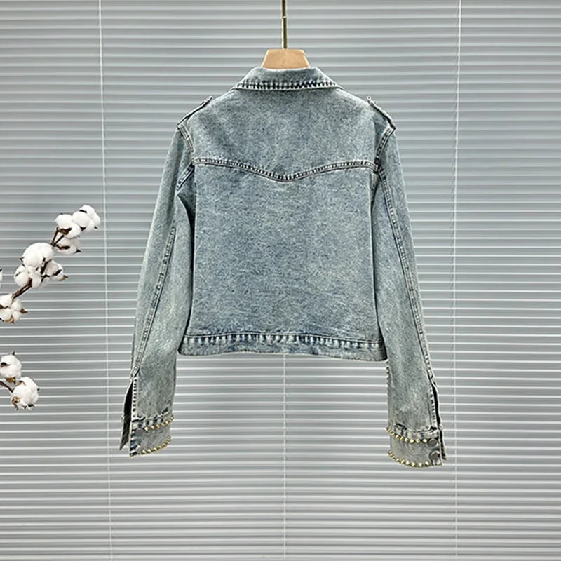 Heavy Work Beaded Rivet Diamond Women Light Blue Denim Jacket Casual Short Jeans Jacket Female Spring Clothes Streetwear Fashion