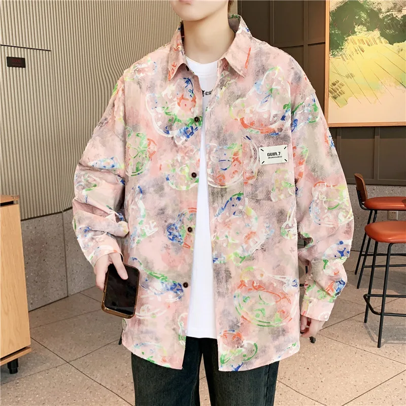 Long-sleeved shirt, thickened craft fabric loose casual cotton men's flower shirt, stylish atmosphere simple youth