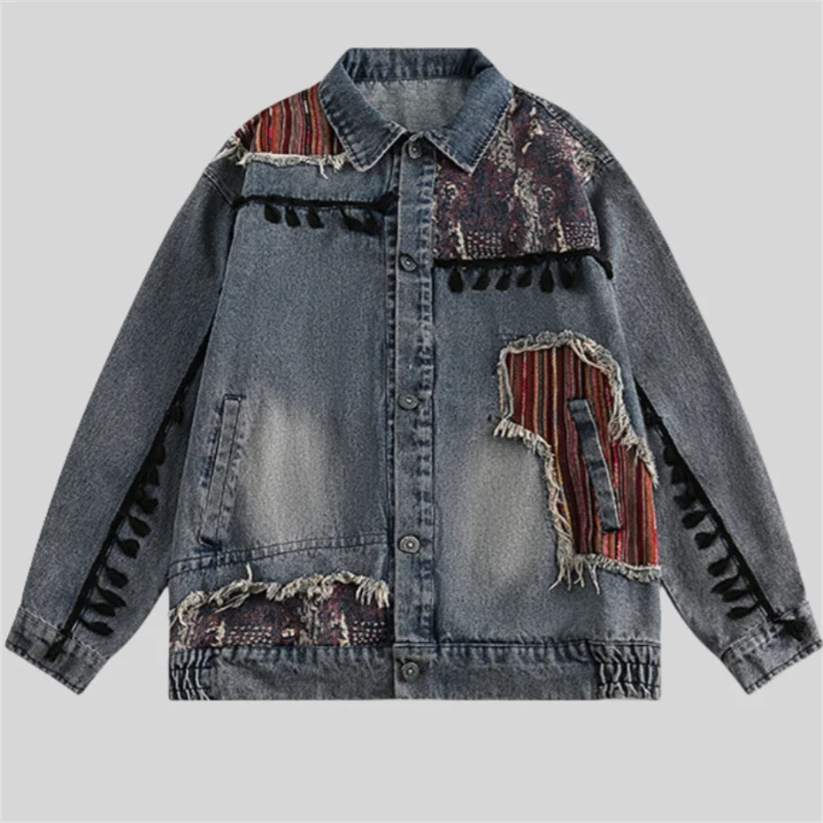 

Denim Jackets Men Patchwork Raw Edge Washed Jacket Chinese Style Harajuku Streetwear Coat Fashion Cotton Outerwear Clothing Male