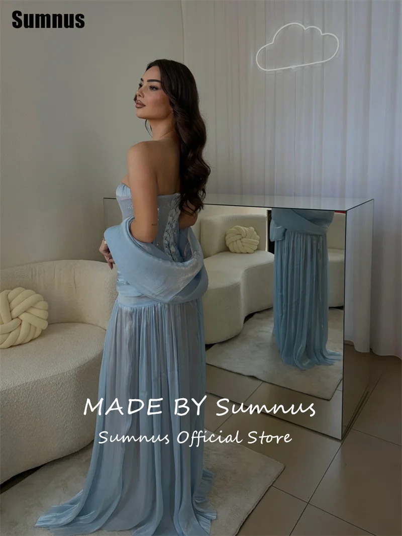Sumnus Romantic A-Line Evening Dresses Sky Blue Sweetheart Pleats Sequined Maxi Prom Dress 2026 With Shawl vestidos Customized image 2