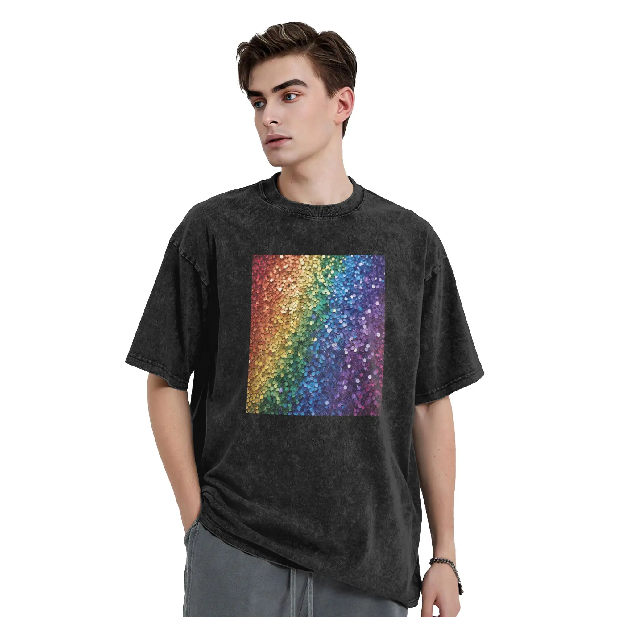 Vintage Photographic Image of Multi-colored Sequins T-Shirt Men Round Collar 100% Cotton Washed Gift Tops