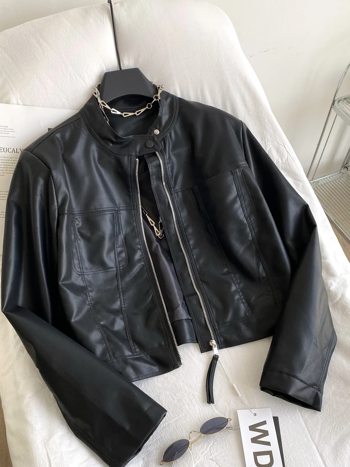 Faionable polyvalent en cuir PU Jaet femmes ort ample décontracté col montant ceinturé automne vêtements d'extérieur haut pour femme