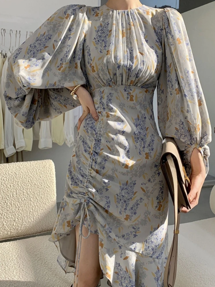 TWOTWINSTYLE Loose Print Dresses For Women Round Neck Lantern Sleeve Hihg Waist Folds Irregular Hem Hit Color Dress Female New