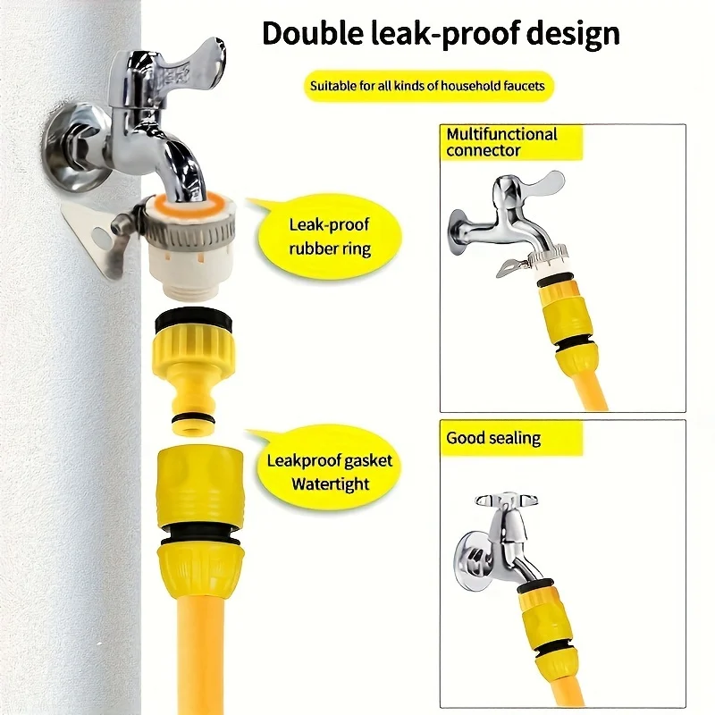 6-teiliges Set, einschließlich 3/4-Zoll- und 1/2-Zoll-Universalschnellkupplungen und Gewindeadapter für Wasserhähne, geeignet für den Außenbereich. – Detail 4
