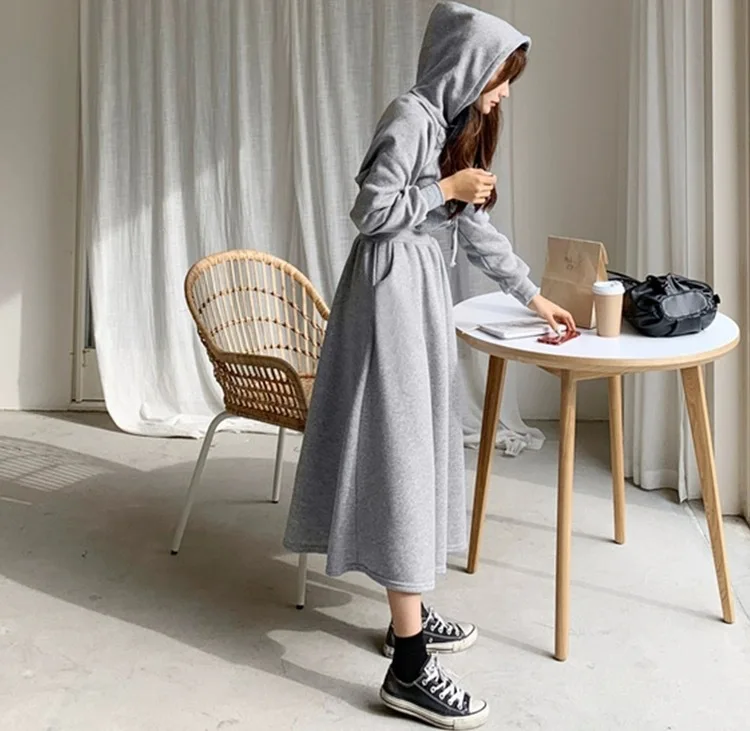 Koreanischer Stil, Herbst-Winter-Kapuzen-Sweatshirt-Kleid, Übergröße, tailliert, einfarbig, langes Kleid für Studentinnen und Frauen, lässig – Detail 12