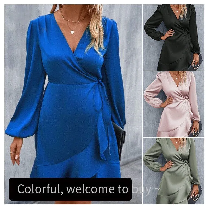 

Women Elegant Fashion sexy Women's Dresses Party Night Dresses V-neck Dress Satin Waist Low-cut Casual vestidos femininos 2024