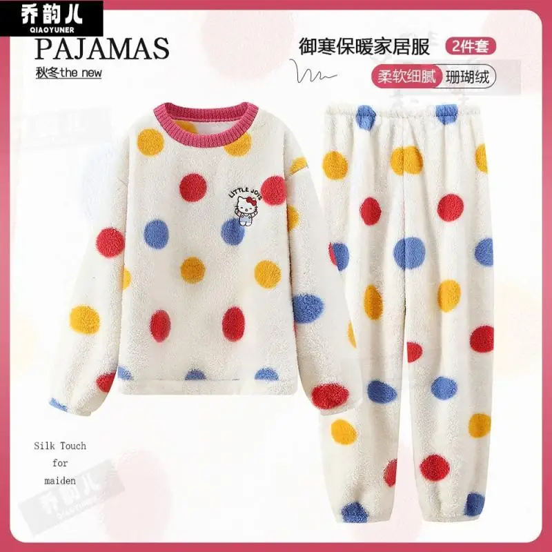 Hello Kittys Autumn/winter Warm Pajamas Women's Coral Velvet Home Clothes with Thick Velvet Set Women's Cartoon Cute Comfortable