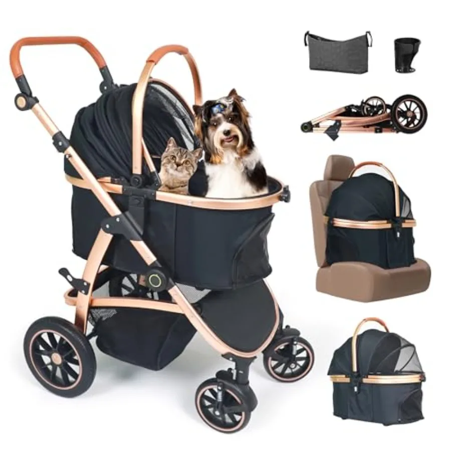 

3-in-1 Pet Stroller for Small to Medium Dogs and Cats up to 55 lbs Black/Gold Polyester Fabric Foldable, Lightweight with Detac
