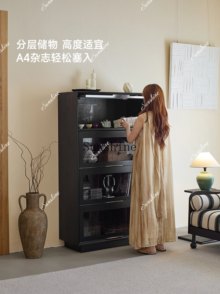 

Storage integrated solid wood floor-to-ceiling living room home wall black display cabinet FT