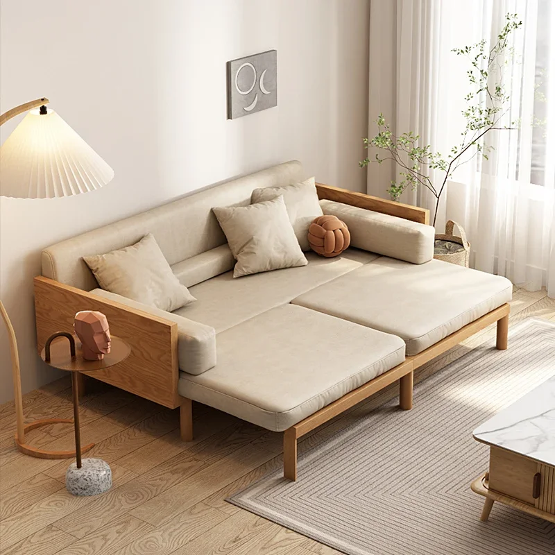 Solid Wood Faux Leather Sofa Bed Foldable Dual-Purpose Multi-Functional Small Apartment Lazy Sofa image 4