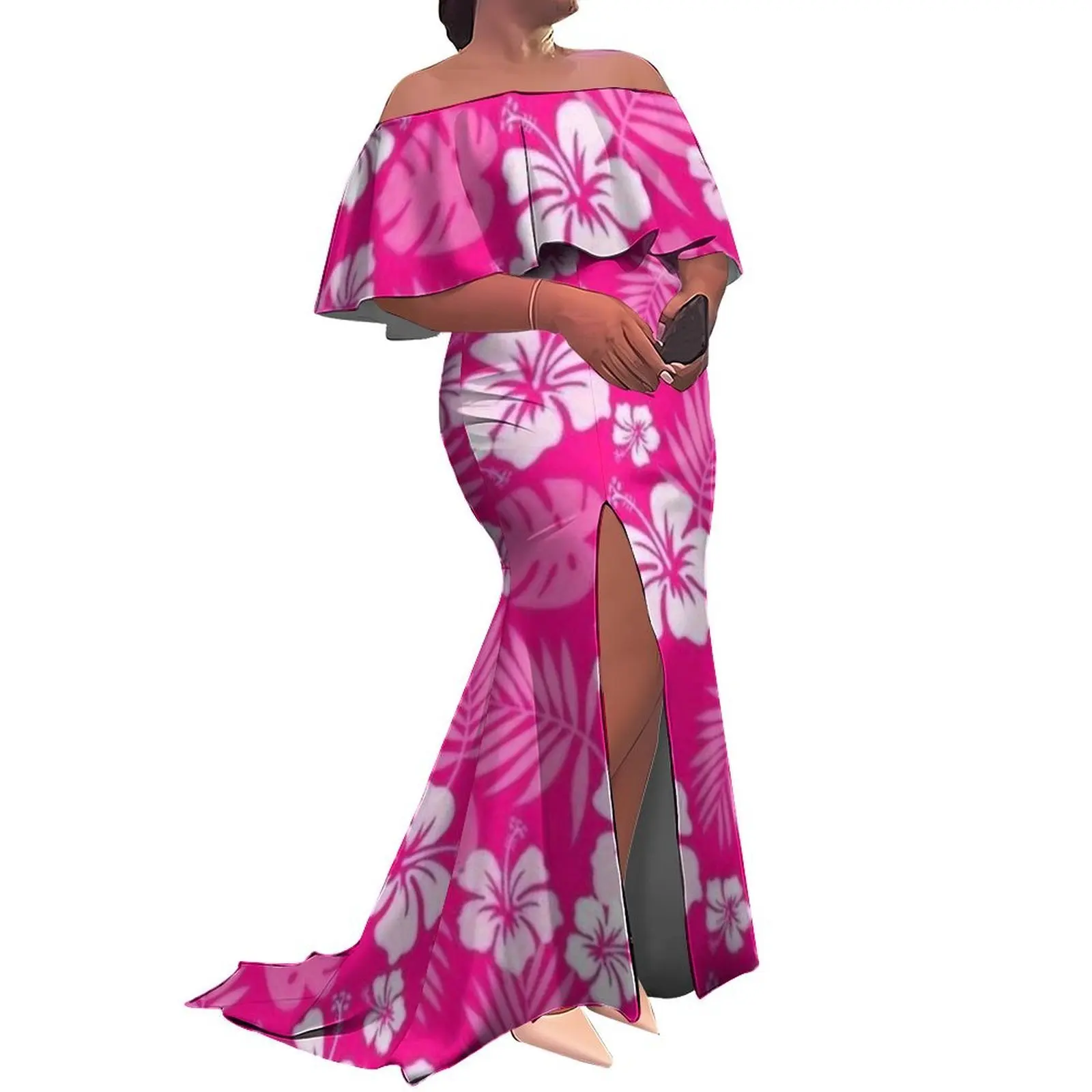 

Женское платье с цветочным узором гибискуса, воротником в виде листьев лотоса, длинным разрезом до пола, тонкое и сексуальное, на заказ в Полинезии