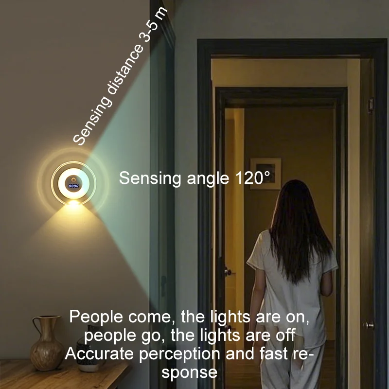 LED Motion Sensor Night Lights LED USB Rechargeable Lamp with Digital Clock for Bedroom Kitchen Stair Decoration Lighting