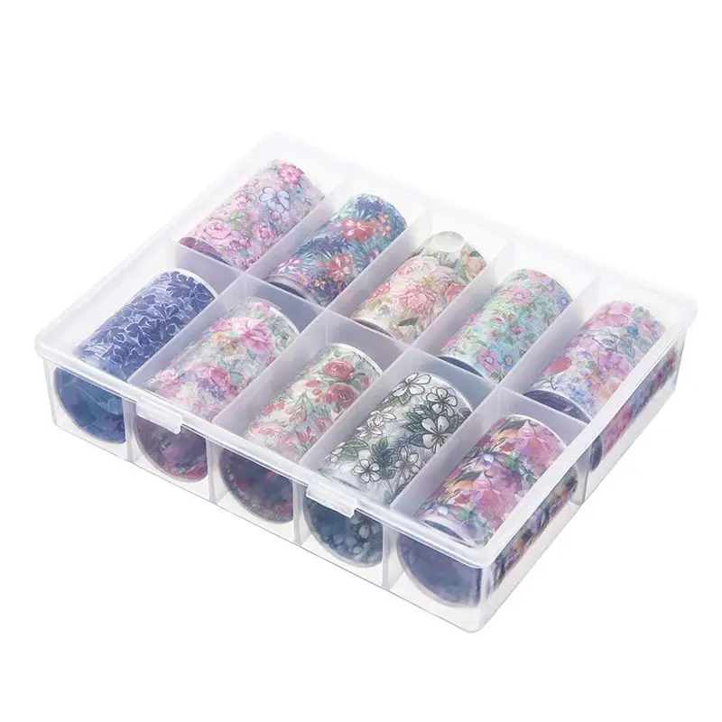 A67P-1Box/10Roll Colorful Flowers Print Stickers Nails Foils Starry Wraps Transfer Decals Nail Art Decorations