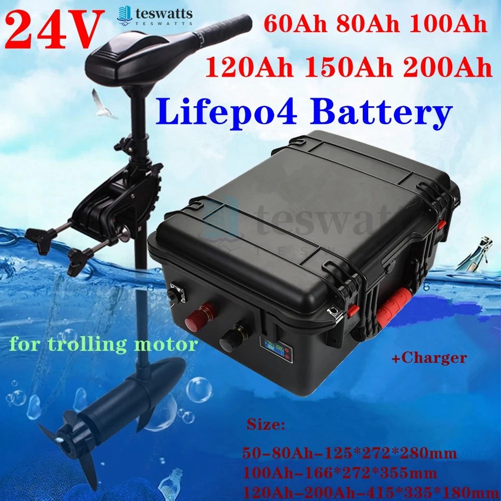 Waterproof Lifepo4 24V 50Ah 60Ah 80Ah 100Ah 120Ah 150Ah 200Ah Lithium Battery With Bms For Trolling Motor Propeller +10A Charger