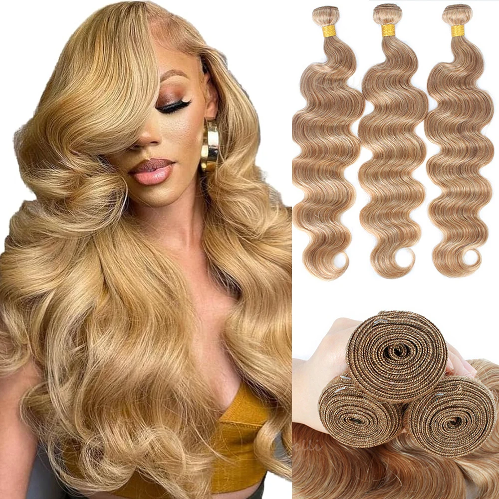 #27 Honey Blonde Body Wave Bundles 100% Unprocessed Human Hair 16A Raw Hair Bundles Extensions Brazilian 1/3/4 Hair Weave