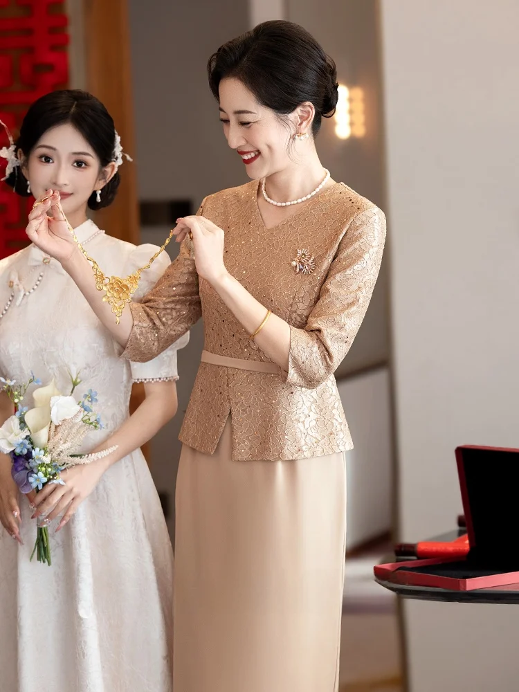 

Champagne Colored Wedding Dr for Mother of the Bride 2025 New Autumn High Collar Long Sve Mid-Length Polyester Fiber