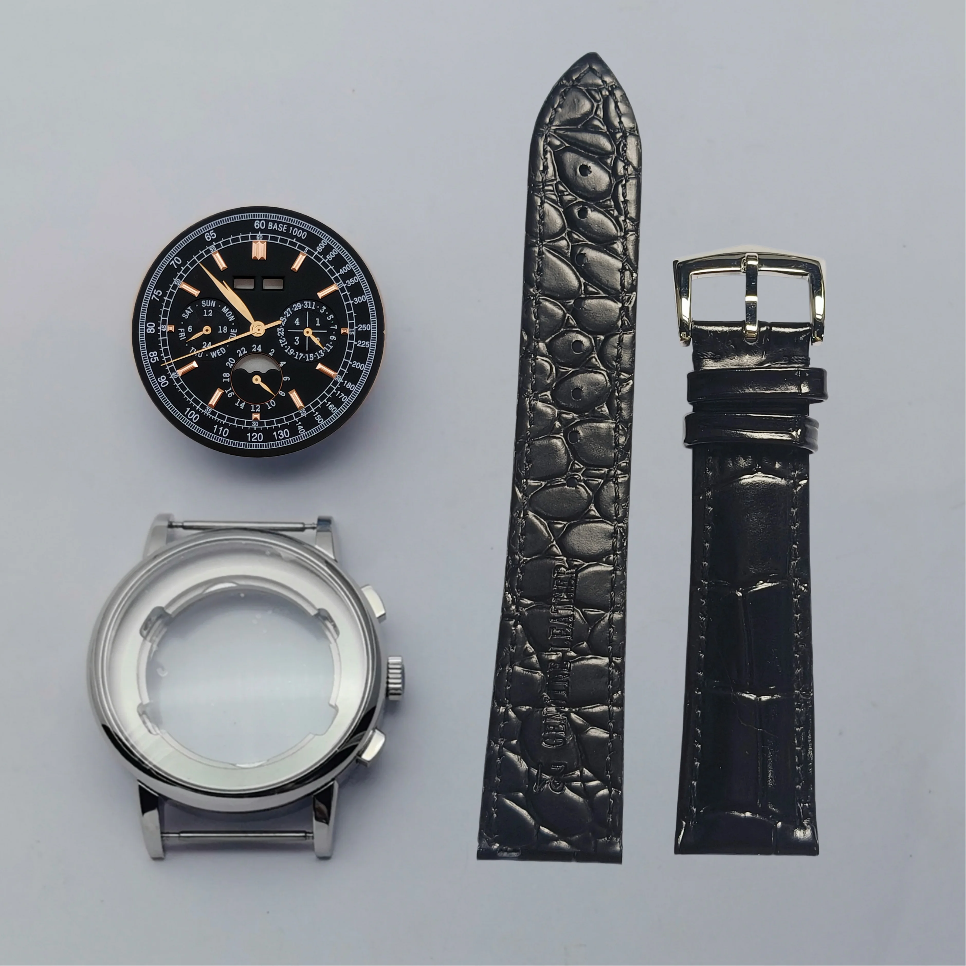 42mm Men Watch Case With Leath Strap Dial Add Hands Fit ST1655 Moon-phase, Annual Calendar & Month Mechanical Automatic Movement