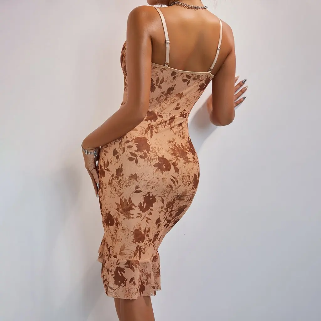 Spring Summer Printed Mesh Patchwork Camisole Dress European American Style Leisure Vacation Bodycon Women's Skirt
