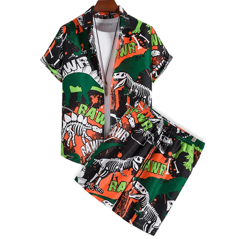 

Mens Funny Dinosaur Skeleton Letter Printed Shirt Leisure Vacation Beach Style Shorts Set Summer Hawaiian 2 Piece Outfits